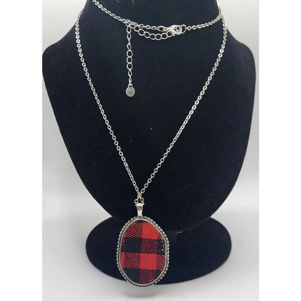 Vintage Buffalo Plaid Reversible Leather Pendant Necklace 32in